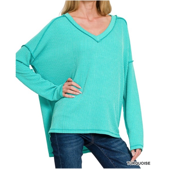 Zenana Solid Ribbed Knit V neck Reverse Stitch Long Sleeve Top - Picture 5 of 5